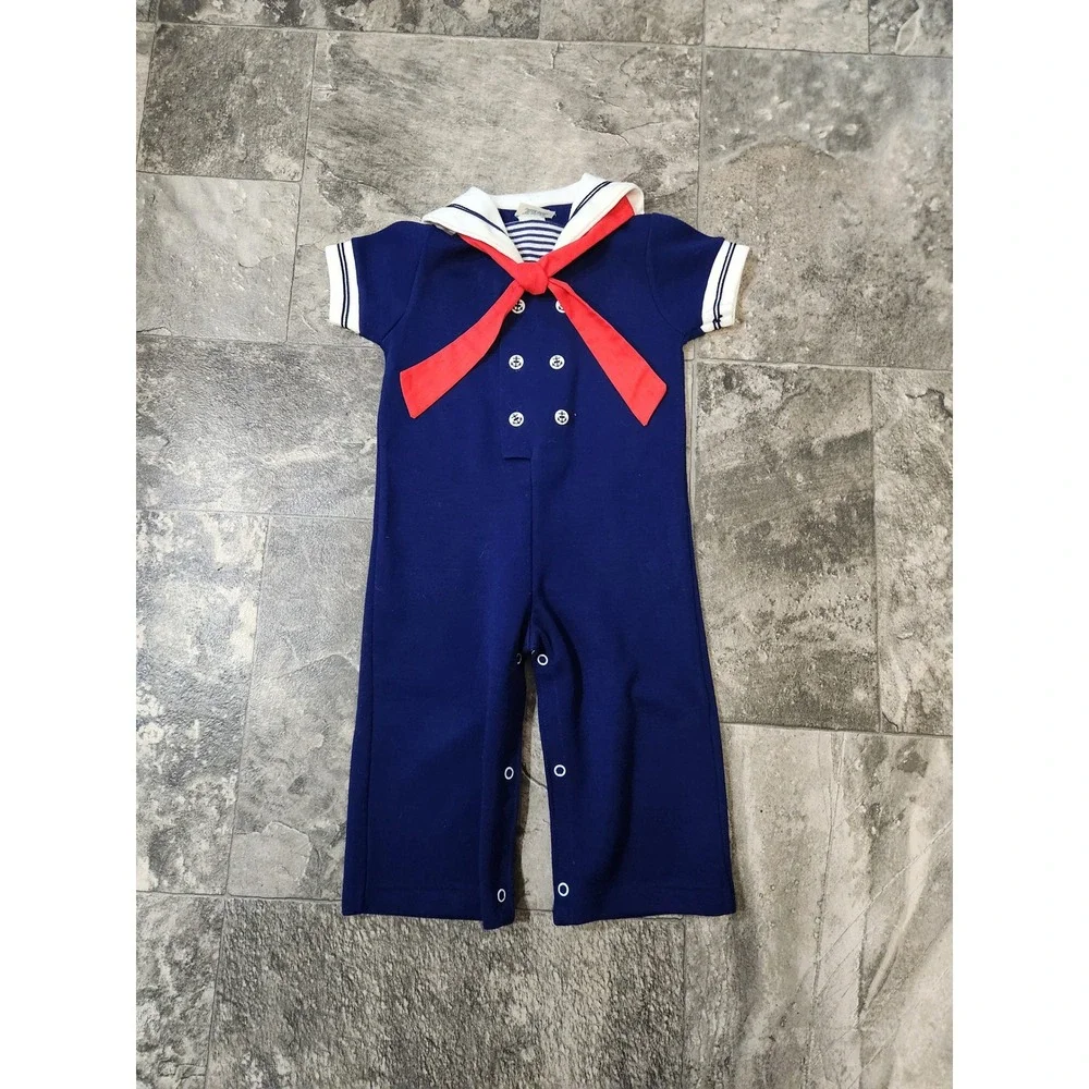Vintage 70s Dot Spun Sailor Romper Navy Blue‎ Red Tie Anchor Buttons 24 Months